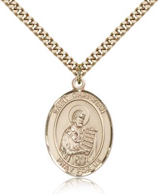 Gold Filled St. Christian Demosthenes Pendant, Stainless Gold Heavy Curb Chain, Large Size Catholic Medal, 1" x 3/4"