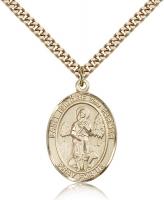 Gold Filled St. Isidore the Farmer Pendant, Stainless Gold Heavy Curb Chain, Large Size Catholic Medal, 1" x 3/4"