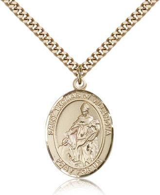 Gold Filled St. Thomas of Villanova Pendant, Stainless Gold Heavy Curb Chain, Large Size Catholic Medal, 1" x 3/4"