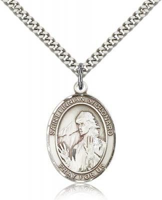 Sterling Silver St. Finnian of Clonard Pendant, Stainless Silver Heavy Curb Chain, Large Size Catholic Medal, 1" x 3/4"