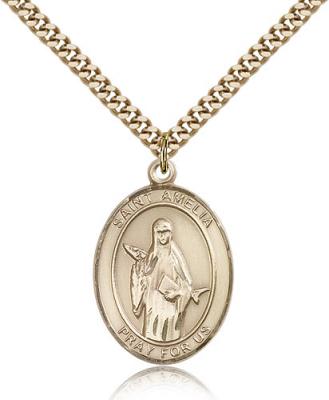 Gold Filled St. Amelia Pendant, Stainless Gold Heavy Curb Chain, Large Size Catholic Medal, 1" x 3/4"