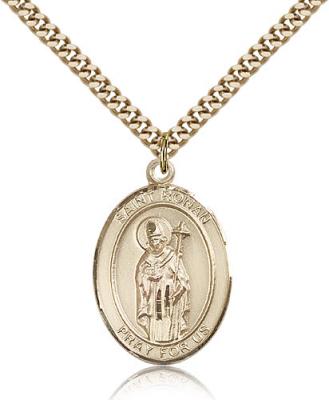 Gold Filled St. Ronan Pendant, Stainless Gold Heavy Curb Chain, Large Size Catholic Medal, 1" x 3/4"