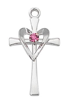 Sterling Silver Cross with Rose Stone Heart L9178