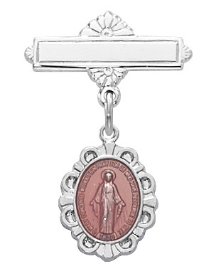 Sterling Silver Pink Enamel Miraculous Medal Baby Pin 420L