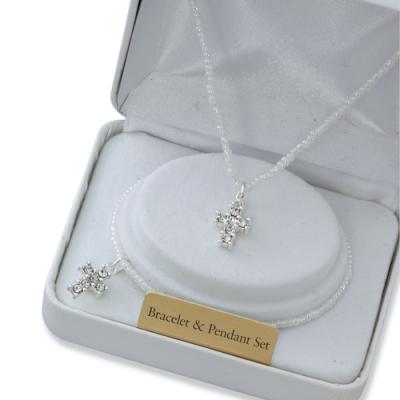 First Communion White Pearl Rhinestone Cross Necklace and Bracelet Set PND1SW