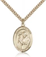 Gold Filled St. Dunstan Pendant, Stainless Gold Heavy Curb Chain, Large Size Catholic Medal, 1" x 3/4"