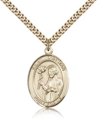 Gold Filled St. Dunstan Pendant, Stainless Gold Heavy Curb Chain, Large Size Catholic Medal, 1" x 3/4"