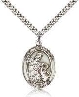 Sterling Silver St. Eustachius Pendant, Stainless Silver Heavy Curb Chain, Large Size Catholic Medal, 1" x 3/4"