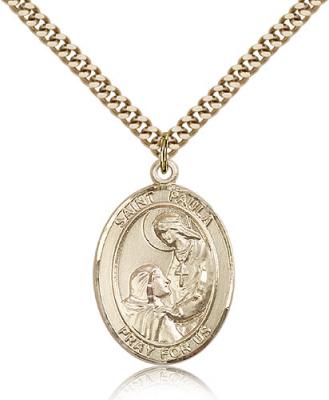 Gold Filled St. Paula Pendant, Stainless Gold Heavy Curb Chain, Large Size Catholic Medal, 1" x 3/4"