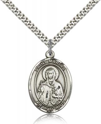 Sterling Silver St. Marina Pendant, SN Heavy Curb Chain, Large Size Catholic Medal, 1" x 3/4"