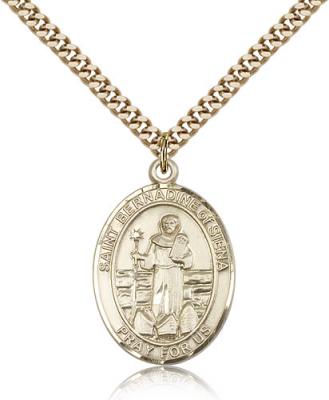 Gold Filled St. Bernadine Of Sienna Pendant, SG Heavy Curb Chain, Large Size Catholic Medal, 1" x 3/4"