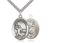 Sterling Silver St. Christopher/Football Pendant, Stainless Silver Heavy Curb Chain, Large Size Catholic Medal, 1" x 3/4"