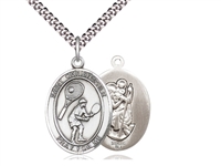 Sterling Silver St. Christopher/Tennis Pendant, Stainless Silver Heavy Curb Chain, Large Size Catholic Medal, 1" x 3/4"