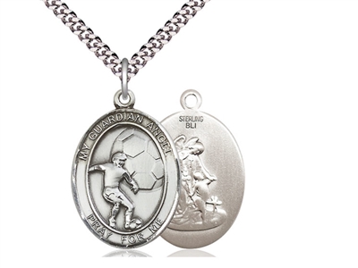 Sterling Silver Guardian Angel/Soccer Pendant, SN Heavy Curb Chain, Large Size Catholic Medal, 1" x 3/4"