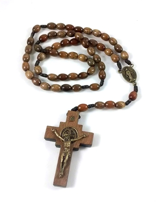 Saint Benedict Brown Bead Cord Wood Rosary 46337