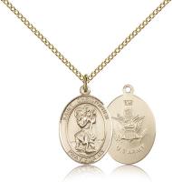 Gold Filled St. Christopher / Army Pendant, Gold Filled Lite Curb Chain, Medium Size Catholic Medal, 3/4" x 1/2"