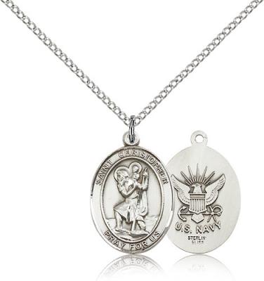 Sterling Silver St. Christopher / Navy Pendant, Sterling Silver Lite Curb Chain, Medium Size Catholic Medal, 3/4" x 1/2"