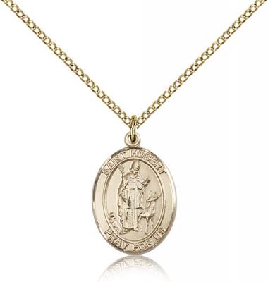 Gold Filled St. Hubert of Liege Pendant, Gold Filled Lite Curb Chain, Medium Size Catholic Medal, 3/4" x 1/2"