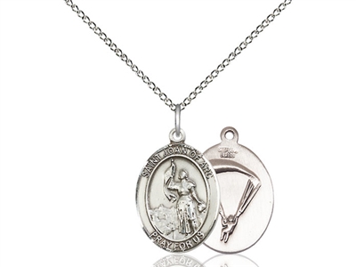 Sterling Silver St. Joan Of Arc / Paratrooper Pend, SS Lite Curb Chain, Medium Size Catholic Medal, 3/4" x 1/2"