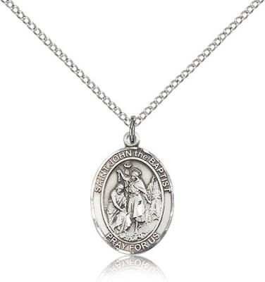 Sterling Silver St. John the Baptist Pendant, Sterling Silver Lite Curb Chain, Medium Size Catholic Medal, 3/4" x 1/2"