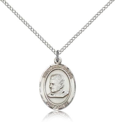 Sterling Silver St. John Bosco Pendant, Sterling Silver Lite Curb Chain, Medium Size Catholic Medal, 3/4" x 1/2"