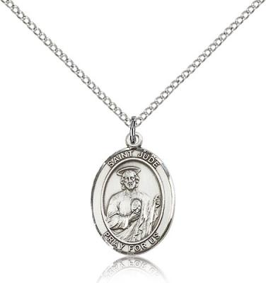 Sterling Silver St. Jude Thaddeus Pendant, Sterling Silver Lite Curb Chain, Medium Size Catholic Medal, 3/4" x 1/2"