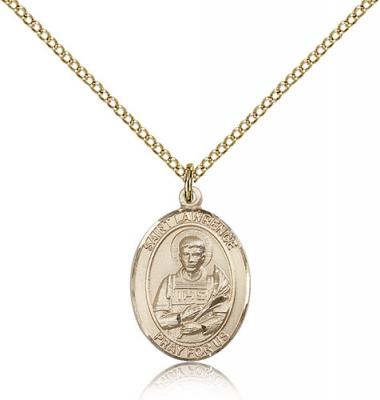 Gold Filled St. Lawrence Pendant, Gold Filled Lite Curb Chain, Medium Size Catholic Medal, 3/4" x 1/2"