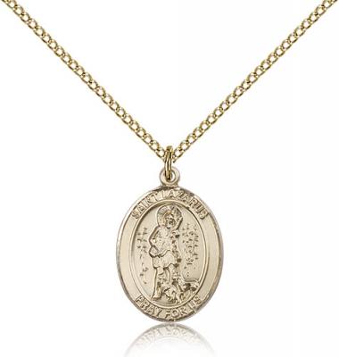 Gold Filled St. Lazarus Pendant, Gold Filled Lite Curb Chain, Medium Size Catholic Medal, 3/4" x 1/2"