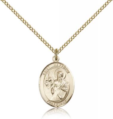 Gold Filled St. Matthew the Apostle Pendant, Gold Filled Lite Curb Chain, Medium Size Catholic Medal, 3/4" x 1/2"