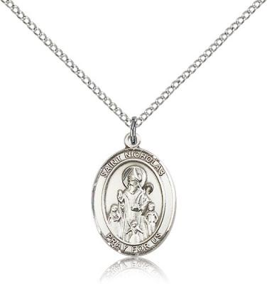 Sterling Silver St. Nicholas Pendant, Sterling Silver Lite Curb Chain, Medium Size Catholic Medal, 3/4" x 1/2"