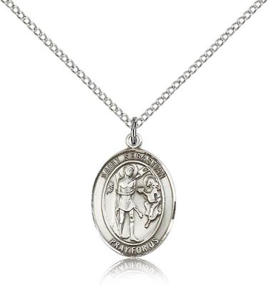 Sterling Silver St. Sebastian Pendant, Sterling Silver Lite Curb Chain, Medium Size Catholic Medal, 3/4" x 1/2"