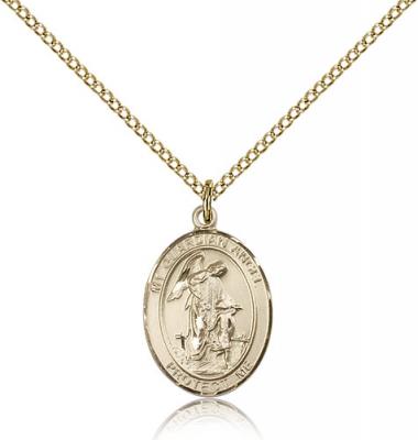 Gold Filled Guardian Angel Pendant, Gold Filled Lite Curb Chain, Medium Size Catholic Medal, 3/4" x 1/2"