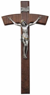 Walnut and Pewter 10" Crucifix with Curved Design, WP14