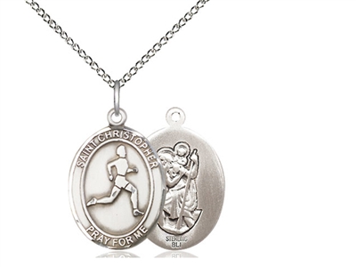 Sterling Silver St. Christopher/Track & Field Pend, Sterling Silver Lite Curb Chain, Medium Size Catholic Medal, 3/4" x 1/2"