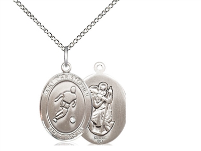 Sterling Silver St. Christopher/Soccer Pendant, Sterling Silver Lite Curb Chain, Medium Size Catholic Medal, 3/4" x 1/2"