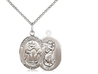 Sterling Silver St. Christopher/Wrestling Pendant, Sterling Silver Lite Curb Chain, Medium Size Catholic Medal, 3/4" x 1/2"