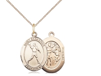 Gold Filled St. Sebastian/Football Pendant, GF Lite Curb Chain, Medium Size Catholic Medal, 3/4" x 1/2"