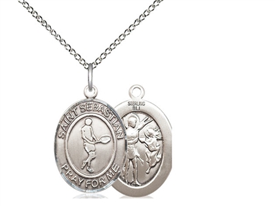 Sterling Silver St. Sebastian/Tennis Pendant, Sterling Silver Lite Curb Chain, Medium Size Catholic Medal, 3/4" x 1/2"
