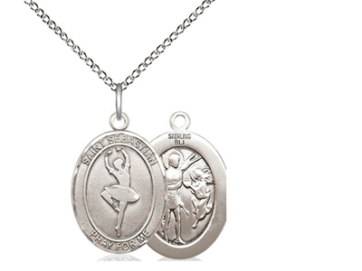 Sterling Silver St. Sebastian/Dance Pendant, Sterling Silver Lite Curb Chain, Medium Size Catholic Medal, 3/4" x 1/2"