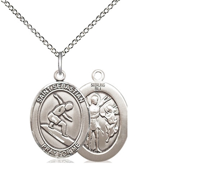 Sterling Silver St. Sebastian/Surfing Pendant, Sterling Silver Lite Curb Chain, Medium Size Catholic Medal, 3/4" x 1/2"