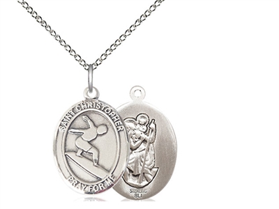 Sterling Silver St. Christopher/Surfing Pendant, SS Lite Curb Chain, Medium Size Catholic Medal, 3/4" x 1/2"
