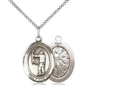 Sterling Silver St. Sebastian / Archery Pendant, Sterling Silver Lite Curb Chain, Medium Size Catholic Medal, 3/4" x 1/2"