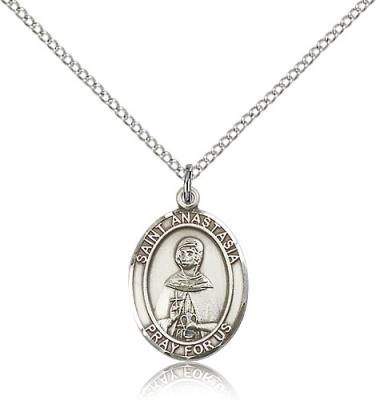 Sterling Silver St. Anastasia Pendant, Sterling Silver Lite Curb Chain, Medium Size Catholic Medal, 3/4" x 1/2"