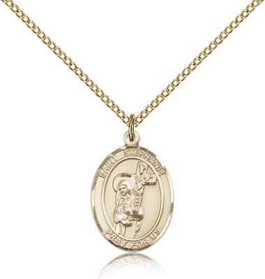 Gold Filled St. Stephanie Pendant, Gold Filled Lite Curb Chain, Medium Size Catholic Medal, 3/4" x 1/2"