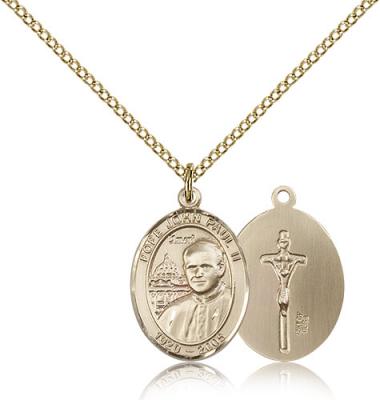 Gold Filled Pope John Paul II Pendant, Gold Filled Lite Curb Chain, Medium Size Catholic Medal, 3/4" x 1/2"