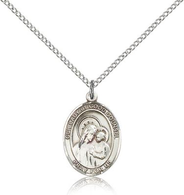 Sterling Silver Our Lady of Good Counsel Pendant, Sterling Silver Lite Curb Chain, Medium Size Catholic Medal, 3/4" x 1/2"