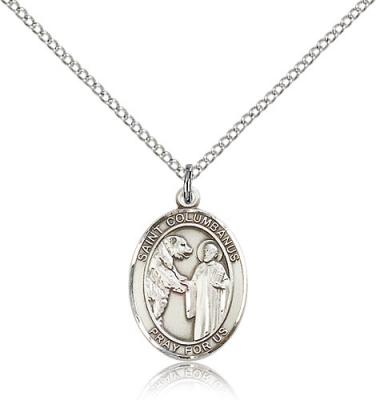 Sterling Silver St. Columbanus Pendant, Sterling Silver Lite Curb Chain, Medium Size Catholic Medal, 3/4" x 1/2"