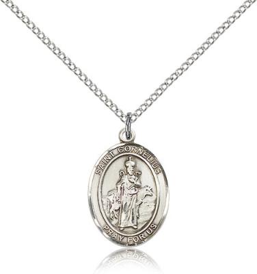 Sterling Silver St. Cornelius Pendant, Sterling Silver Lite Curb Chain, Medium Size Catholic Medal, 3/4" x 1/2"