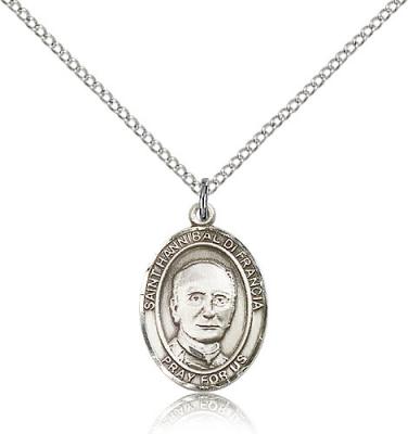 Sterling Silver St. Hannibal Pendant, Sterling Silver Lite Curb Chain, Medium Size Catholic Medal, 3/4" x 1/2"