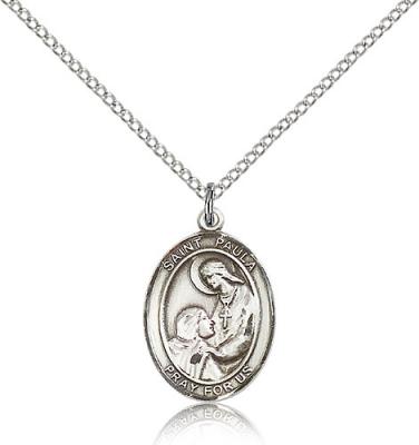 Sterling Silver St. Paula Pendant, Sterling Silver Lite Curb Chain, Medium Size Catholic Medal, 3/4" x 1/2"